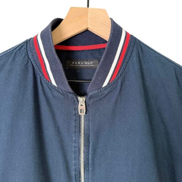 Zara Man Navy Bomber Jacket Red and White Striped Trim 100% Cotton, Size XL - Picture 2 of 11
